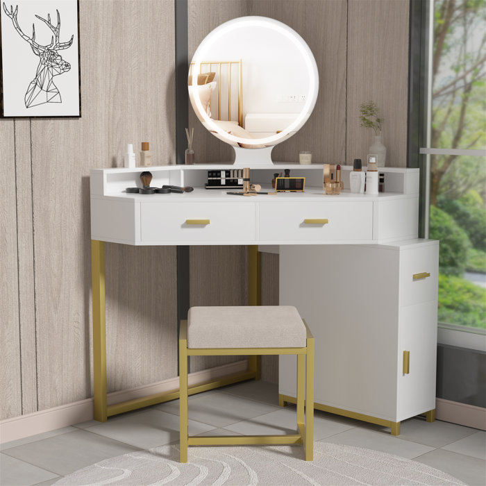 17 Stories Corner Vanity Desk with Lighted Mirror and Stool Wayfair